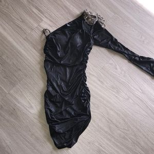 One shoulder, black dress